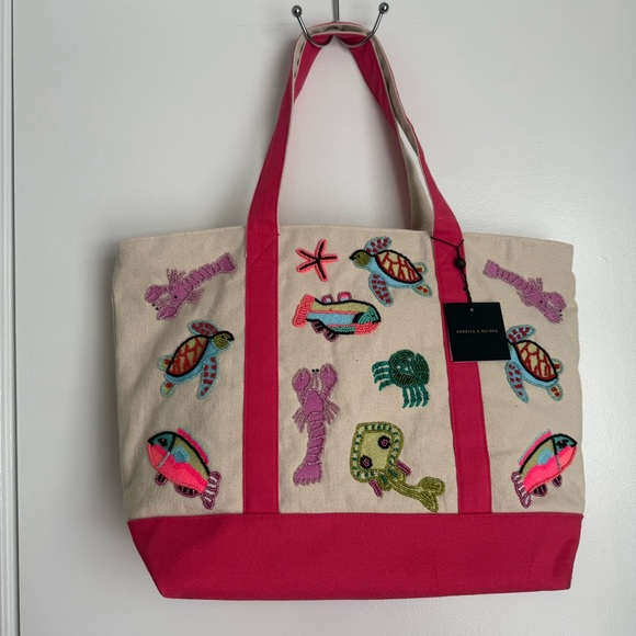 America & Beyond Handbags - Underwater tales Pink and Cream Embroidered beaded Tote Bag boat bag